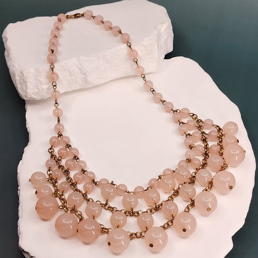Pink Glass Bead Multi Strand Bib Necklace Gold Tone Statement Costume Jewelry